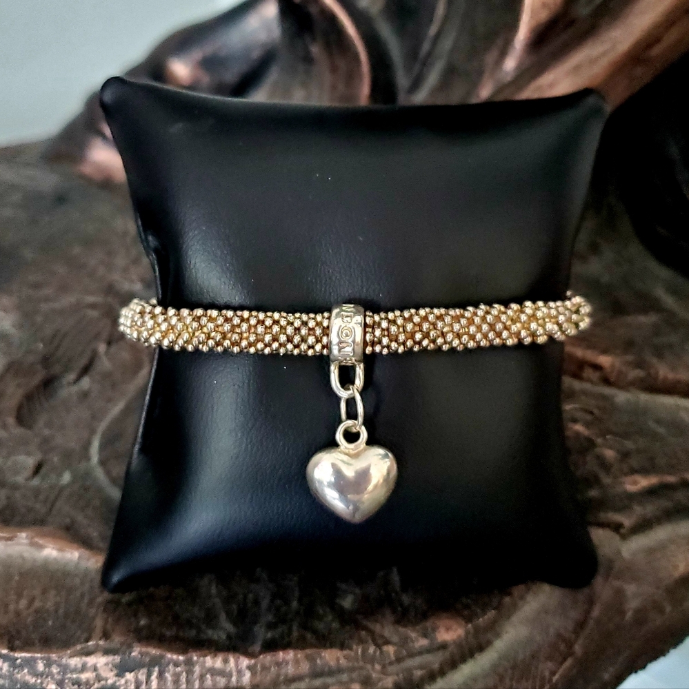 LINKS OF LONDON Silver Bracelet Stretch Effervescence With Heart Charm Vtg 7"
